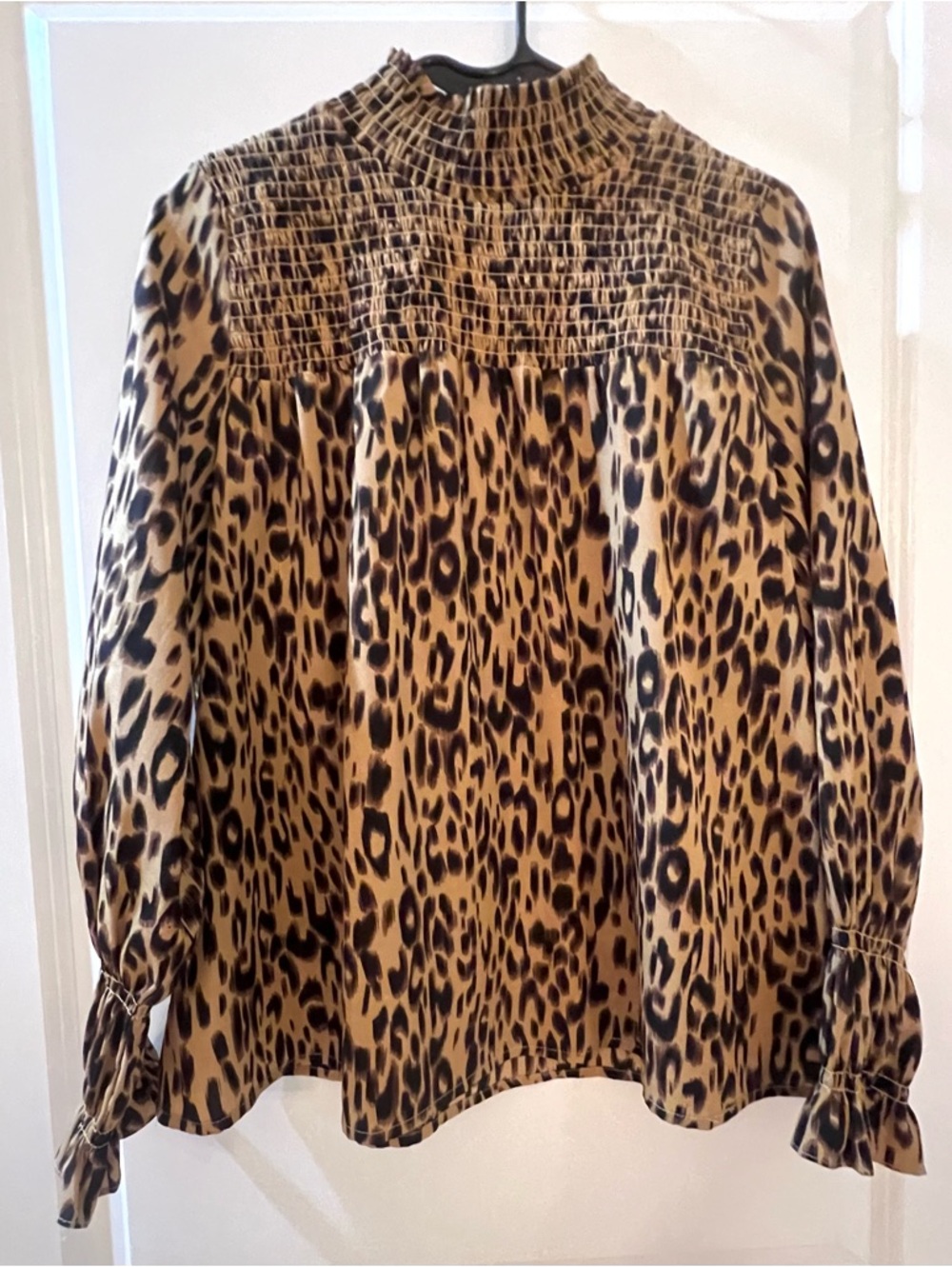 THML Smocked High-Neck Leopard Print Blouse - Brown & Black